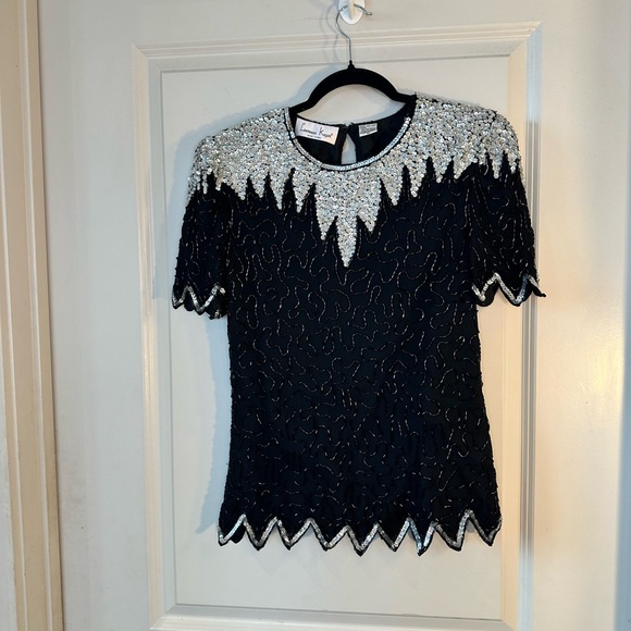 Vintage Laurence Kazar Beaded Sequin Embellished Silk Black&Silver Party Top,M/L - Picture 9 of 9